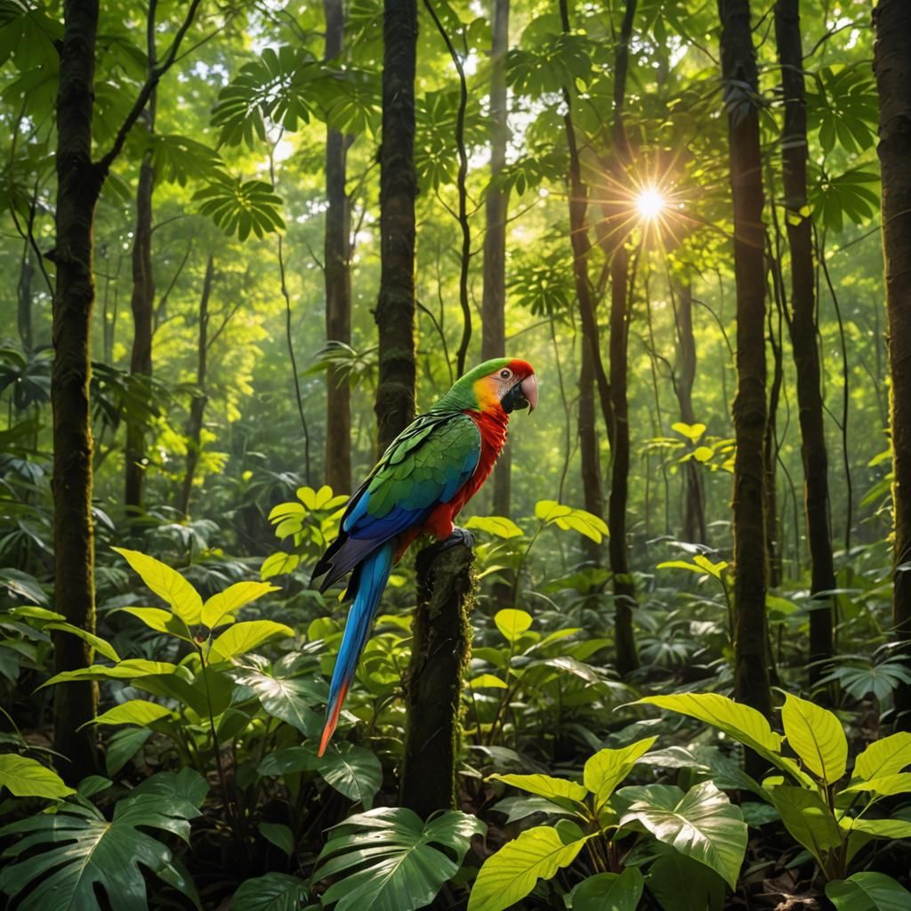 Lush Rainforest Canopy with Parrot