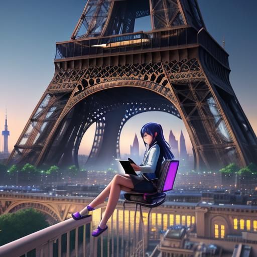 Girl Rides Laptop Past Eiffel Tower: Anime Style