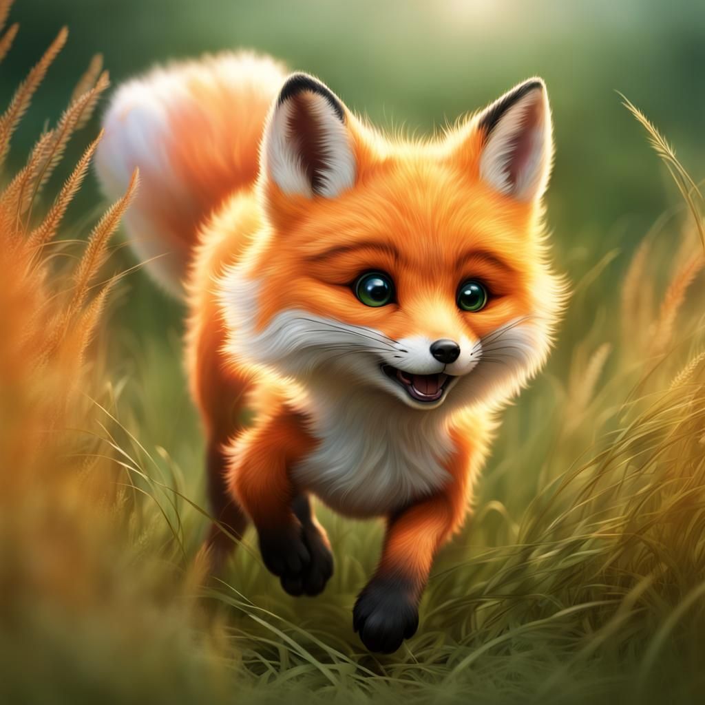 Fluffy Orange Fox Runs Through Grassy Field