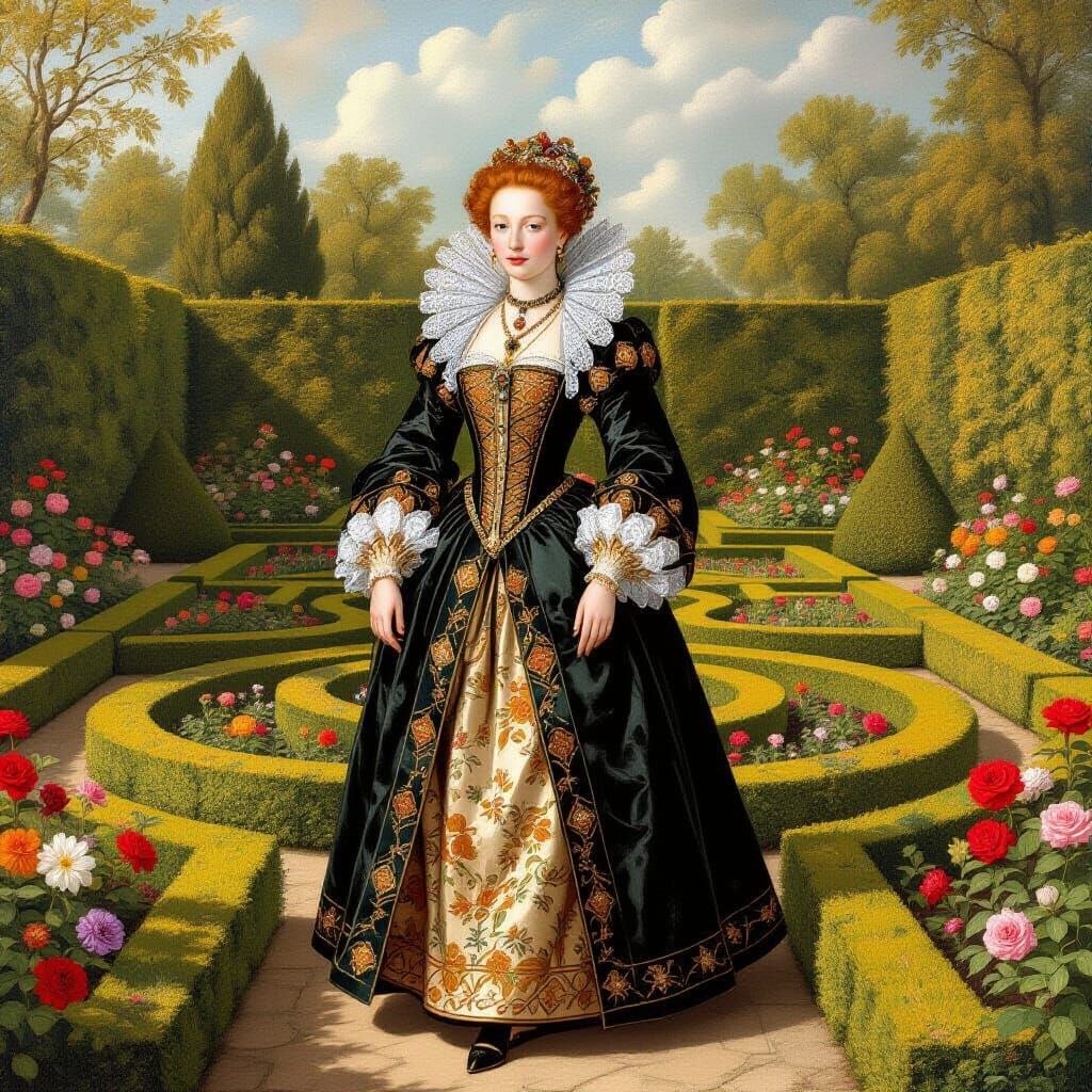 Young Queen Elizabeth in Renaissance Garden, Classical Portr...