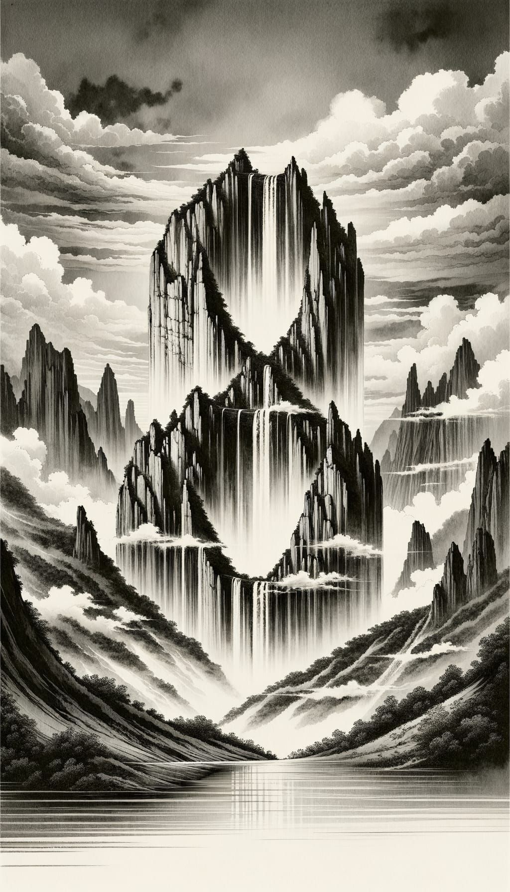 Serene Japanese Landscape with Cliff and Waterfall in Elegan...