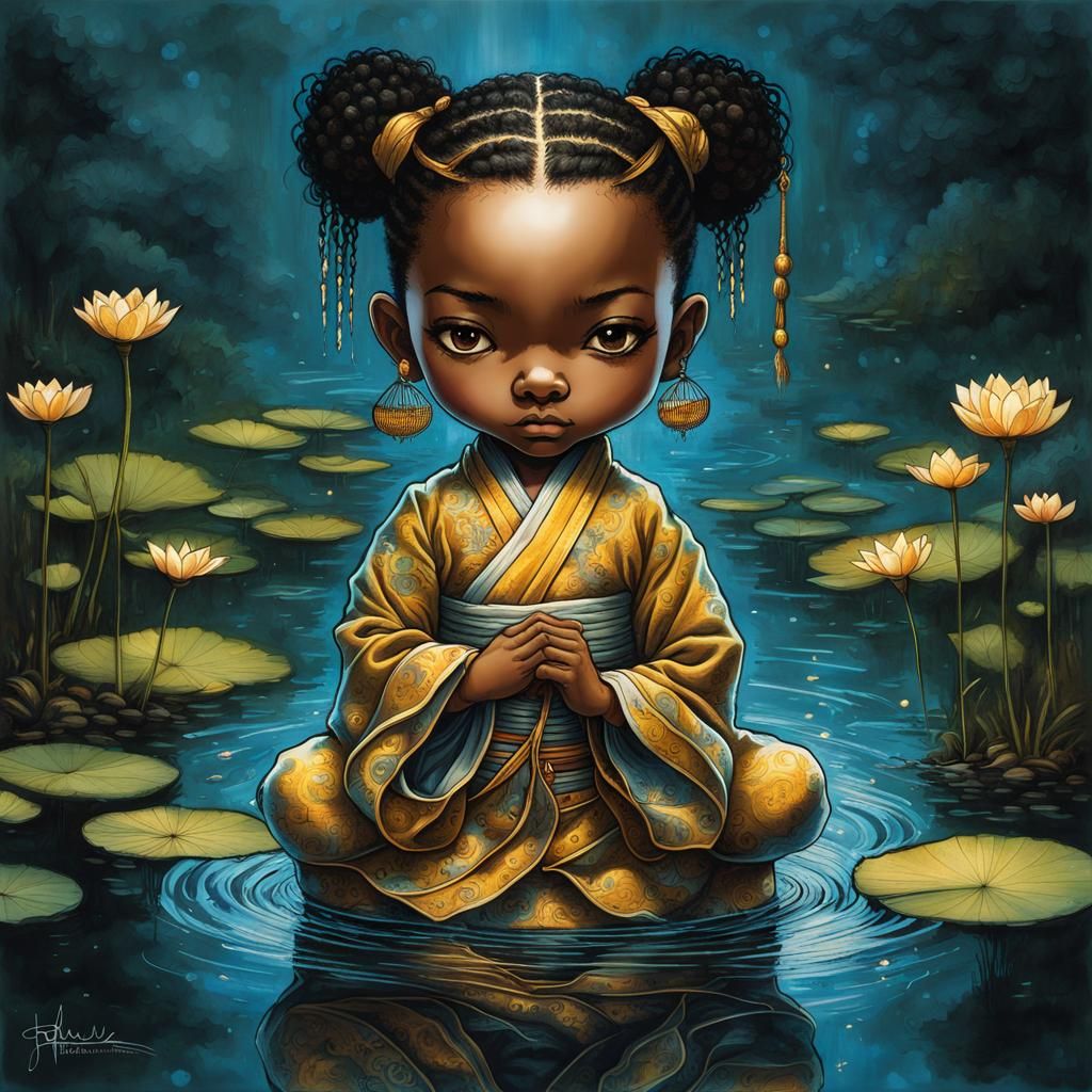 Bioluminescent Chibi Shaolin Monk on Lotus Pond