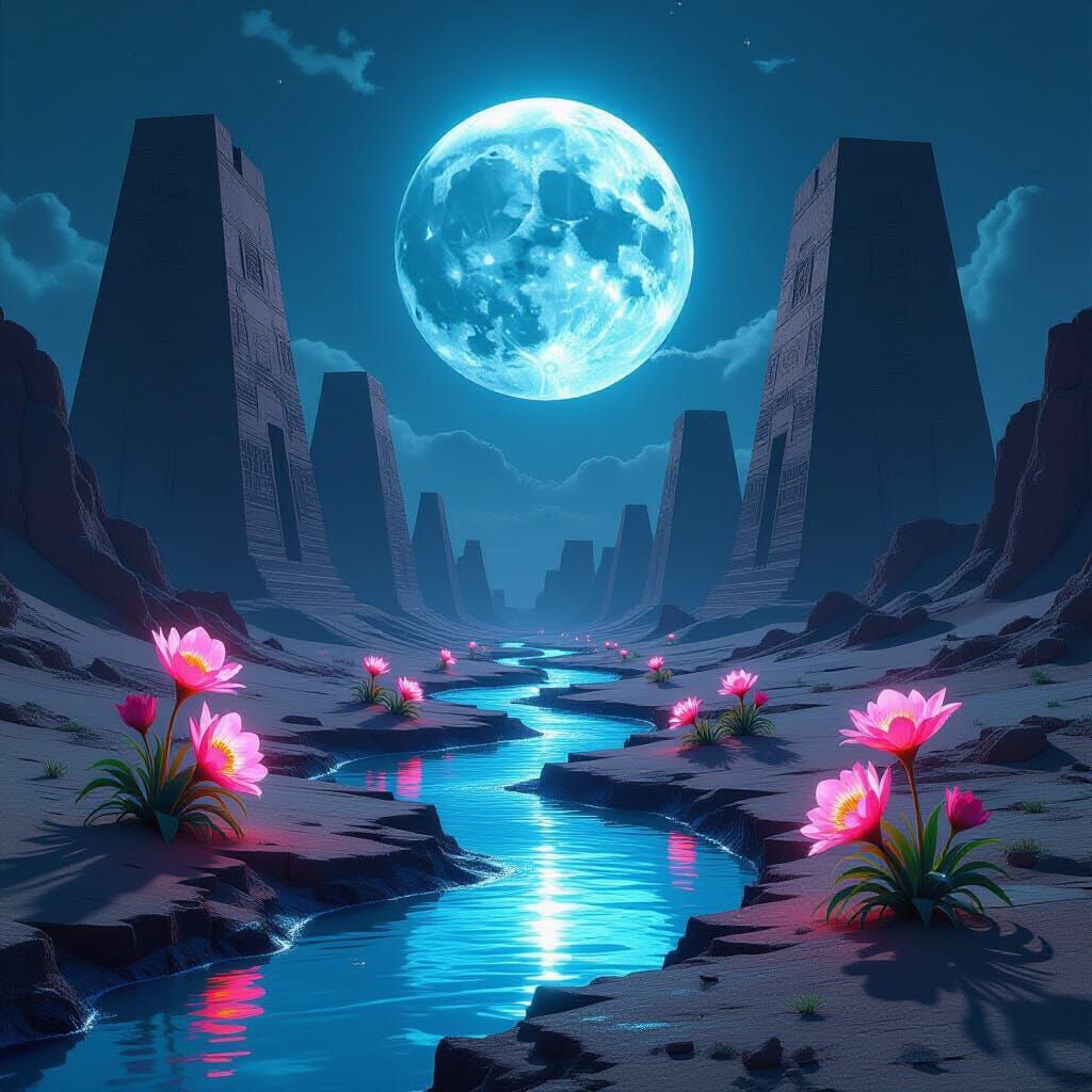 Cracked Moon Over Giger Egyptian Landscape with Neon Blooms
