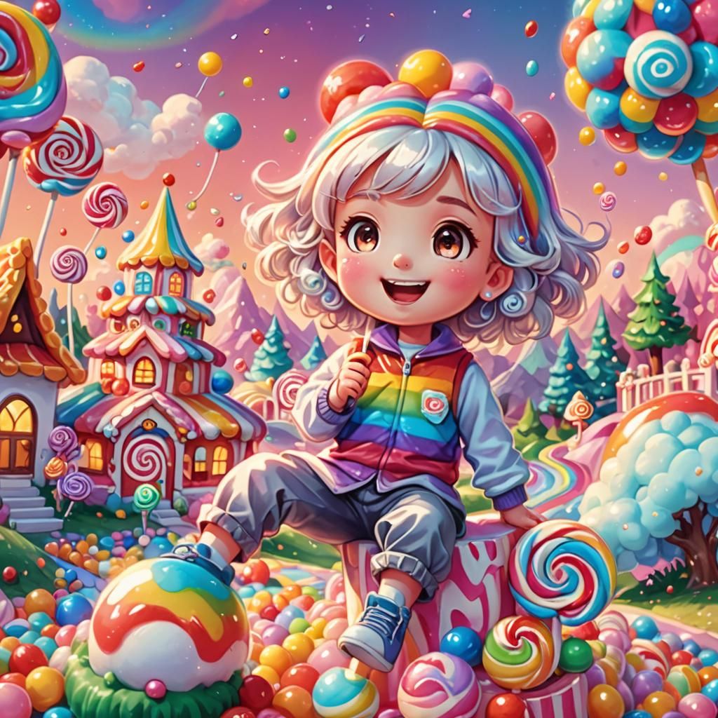 Chibi Character in Whimsical Candyland: Digital Illustration