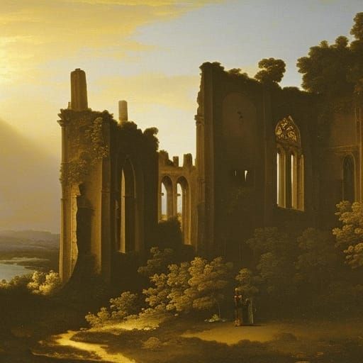 Gothic Renaissance Lovers in Castle Ruins Painting