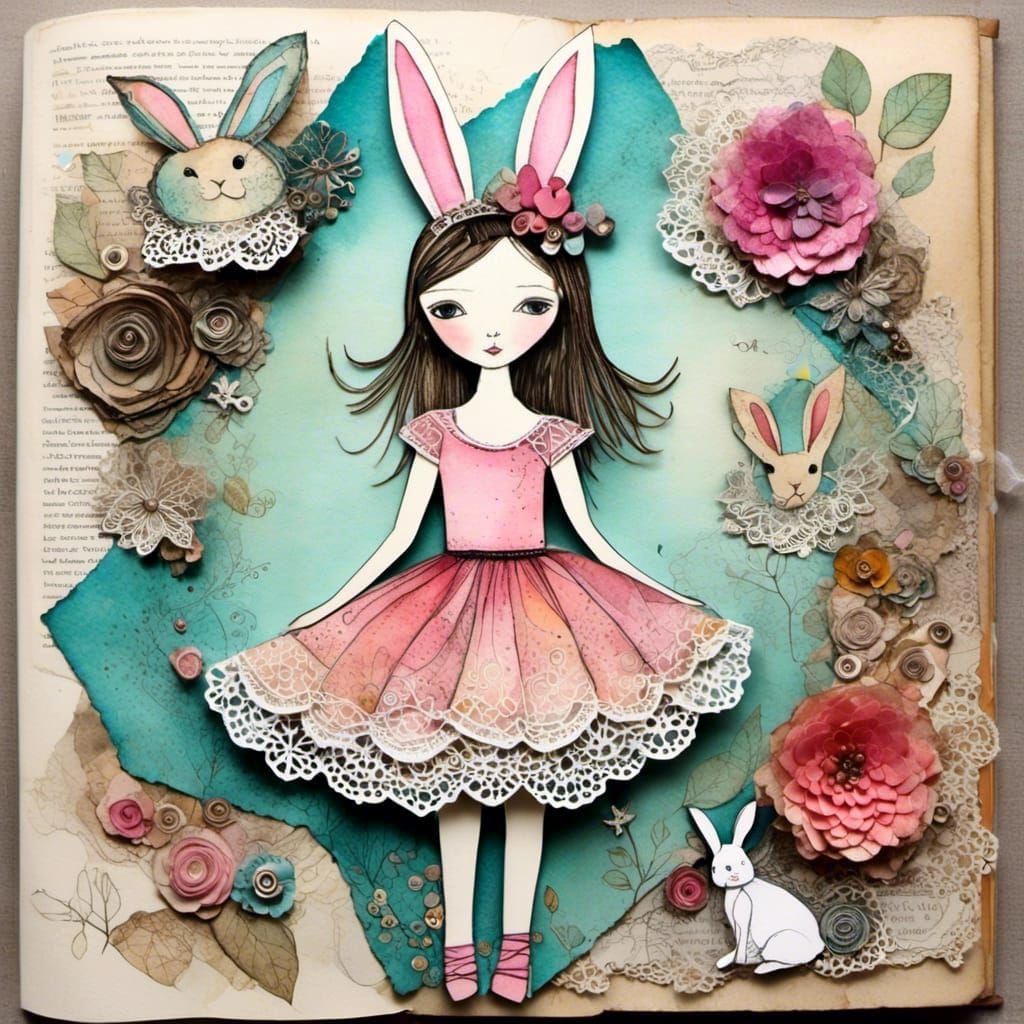 Ballet Dancer with Bunnies in Art Journal Collage