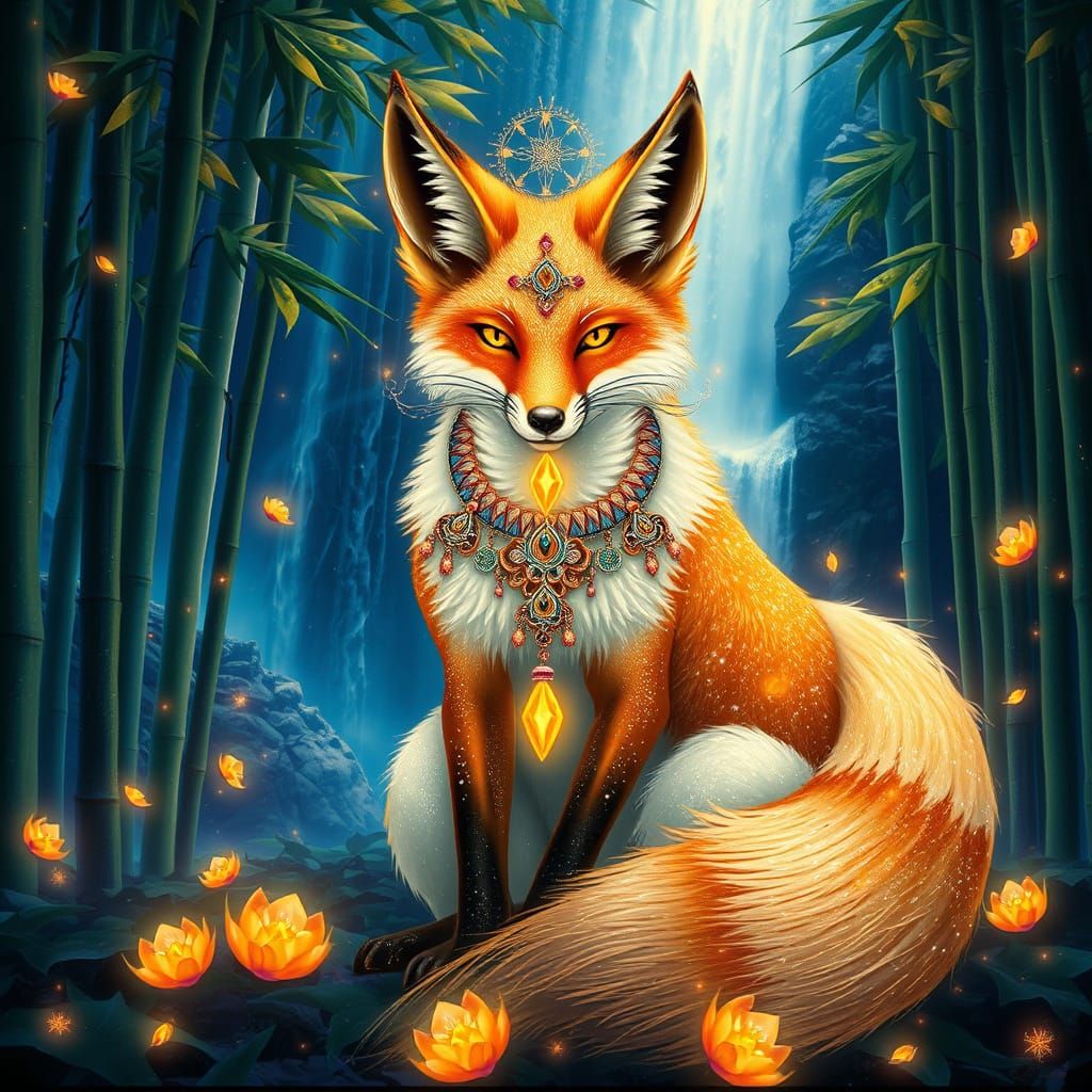 Celestial Fox Spirit in Bioluminescent Forest, Art Nouveau