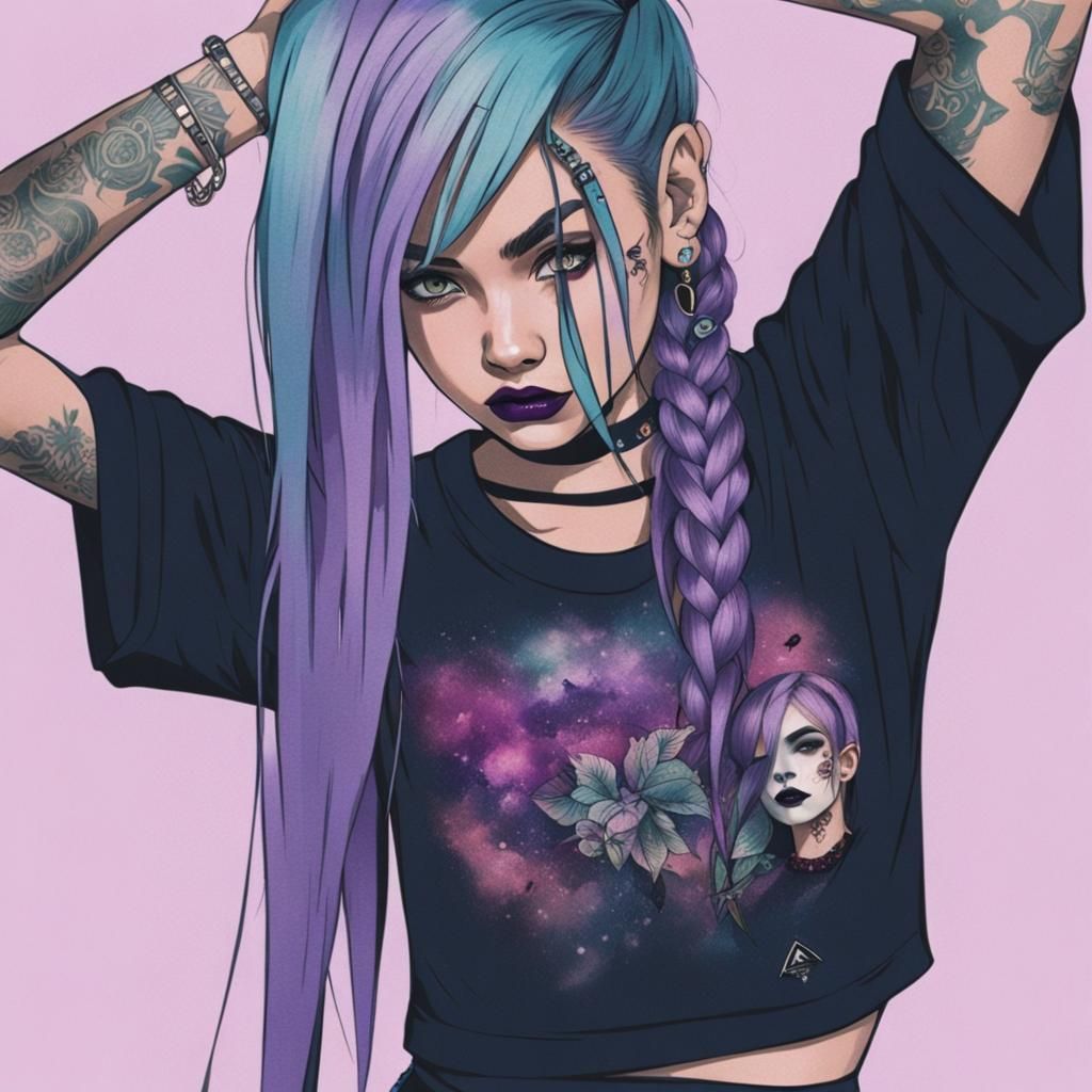 Grunge Girl with Purple Hair in Ponytail