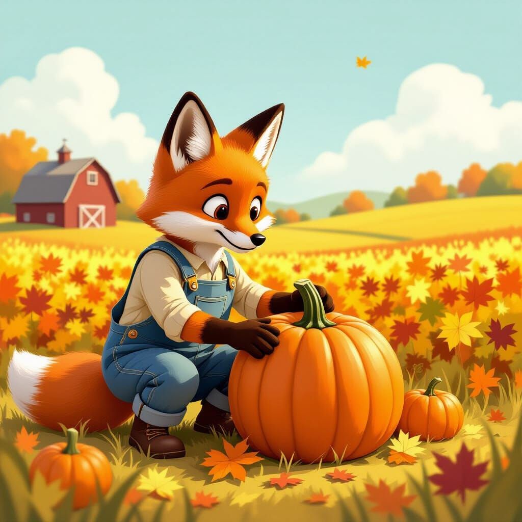Fox Farmer Inspects Prize Pumpkin in Autumn Field