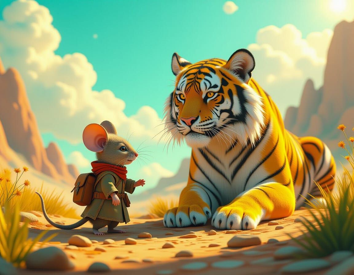 Whimsical Tiger and Mouse Play in Fantastical Landscape
