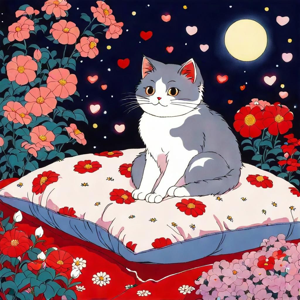 Cute Cat Surrounded by Flowers: Manga Style