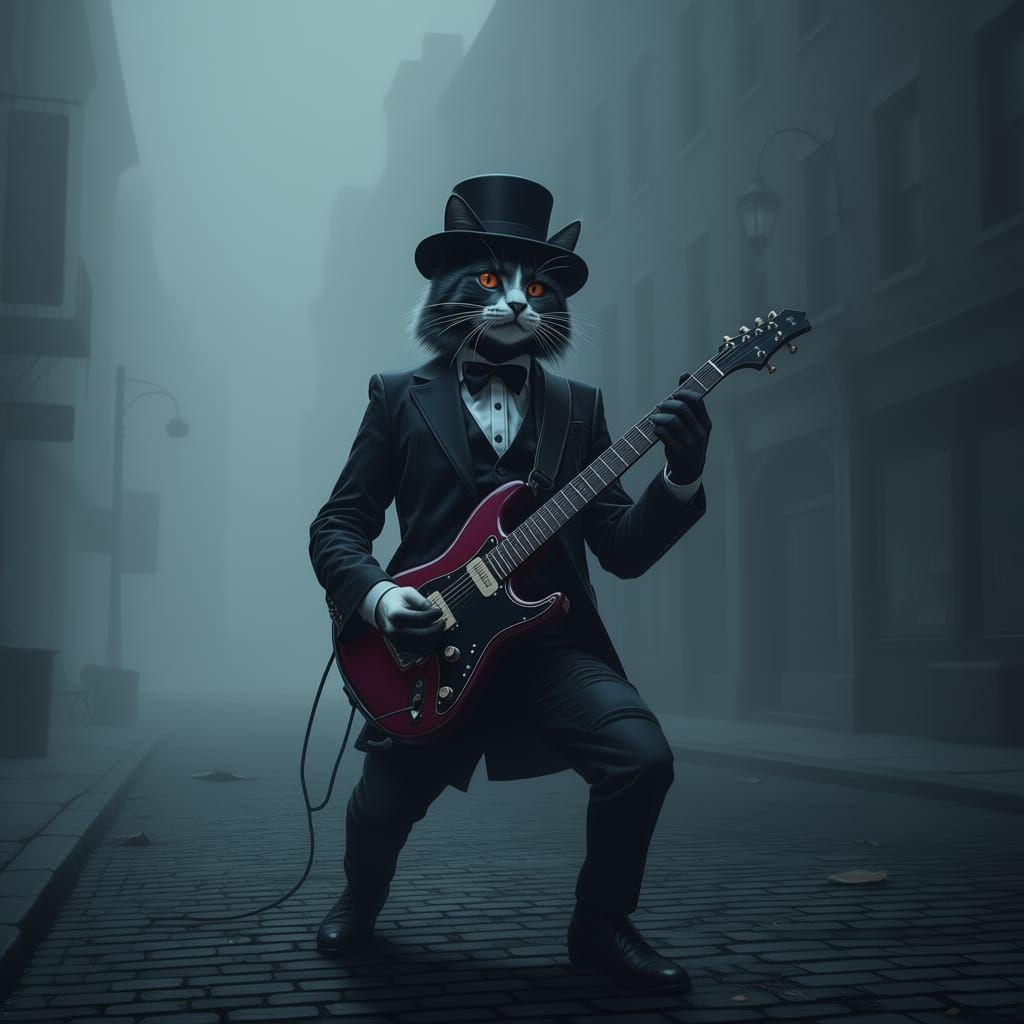 Cat Musician in Vintage Suit on Foggy Street