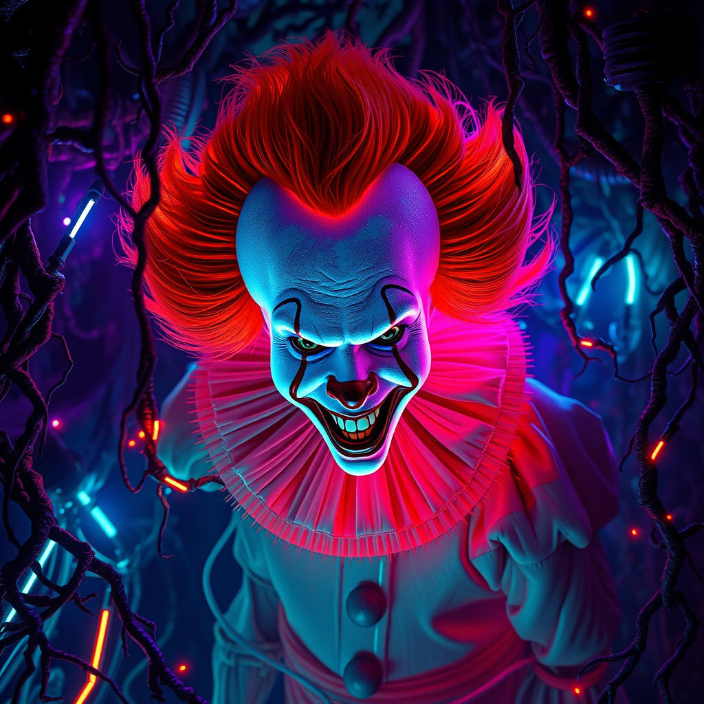 Neon Pennywise in Dark Gothic Fantasy Realm