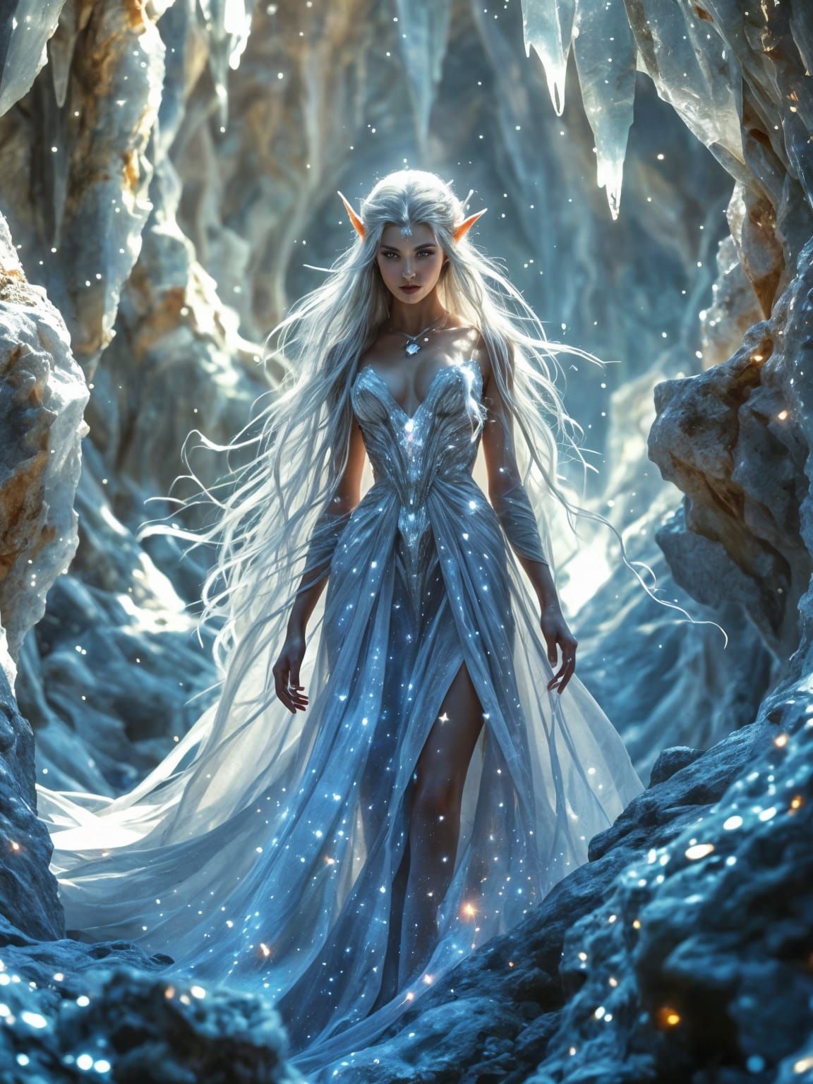 Ethereal Elven Queen in Shimmering Crystal Cave