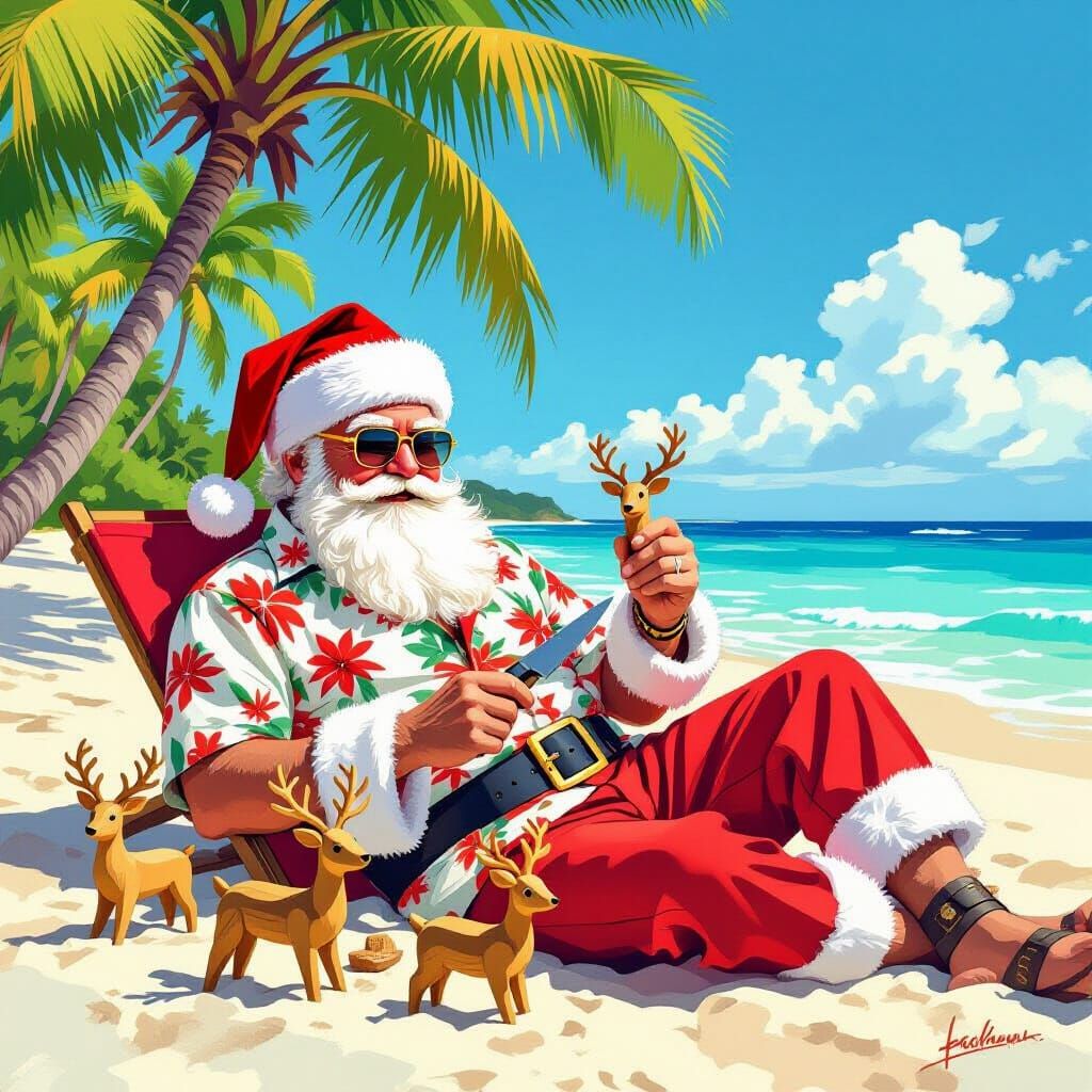 Santa Relaxing on Tropical Beach Carving Reindeer