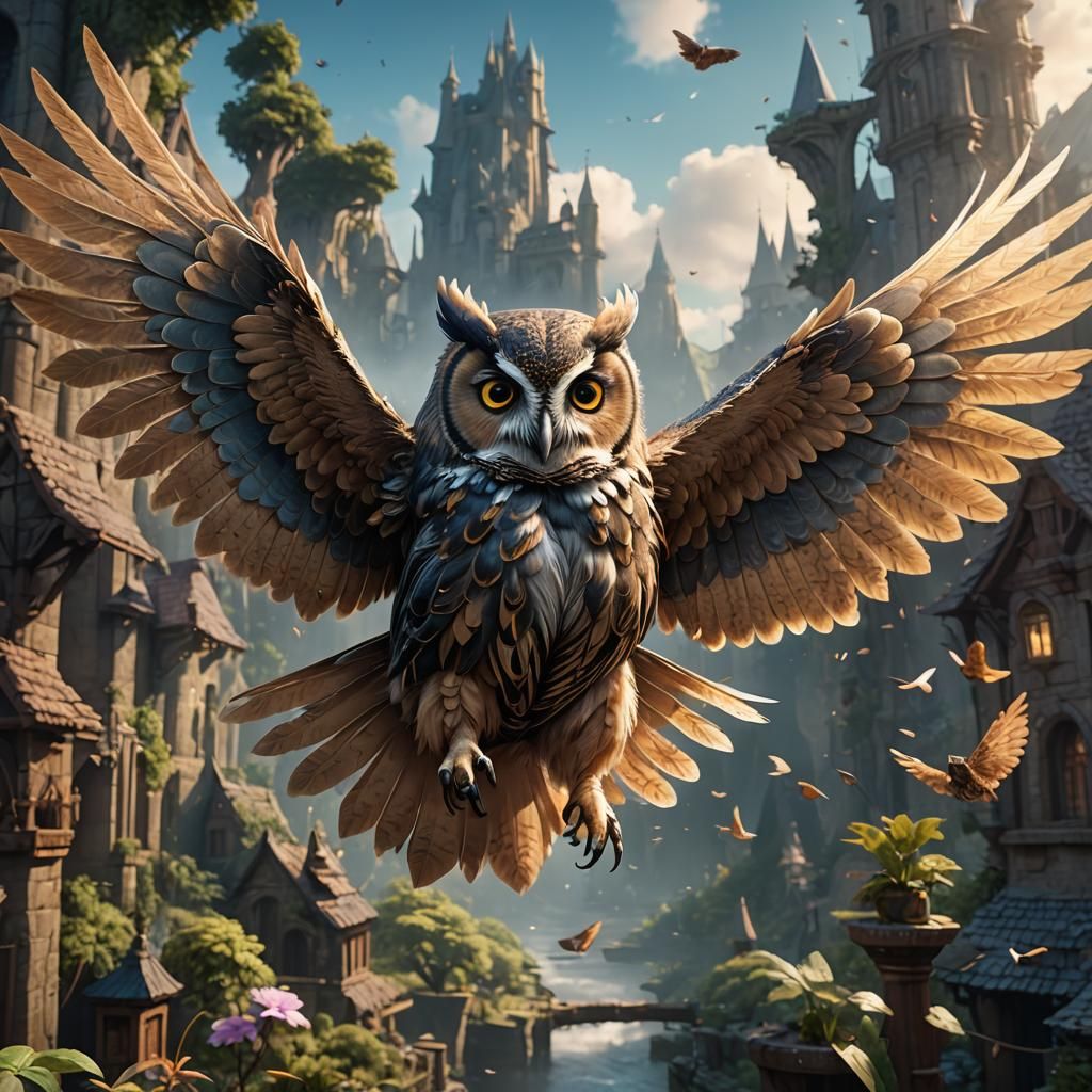 Cute Owl Girl Flying: Digital Matte Painting