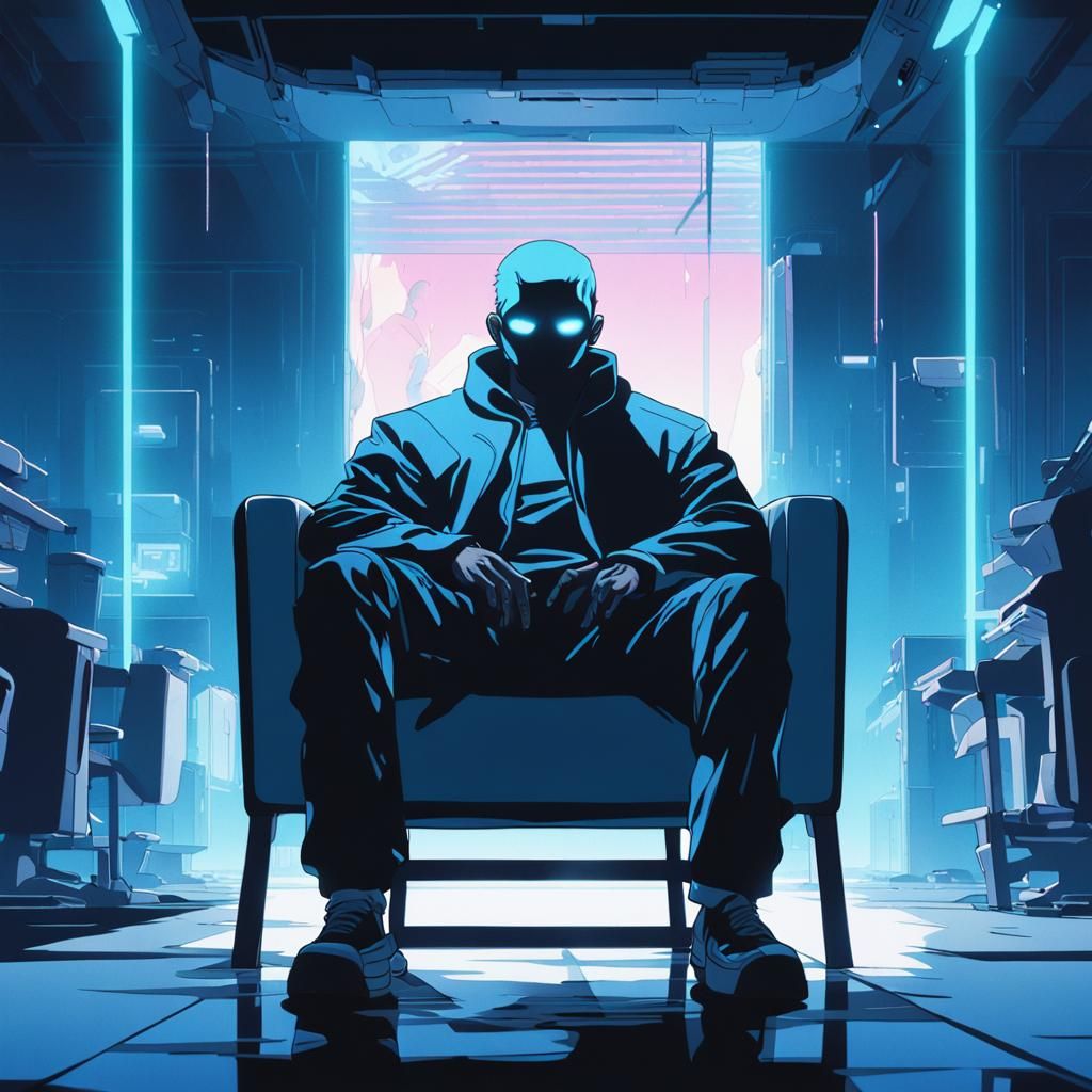 Menacing Figure in Neon-Lit Darkness