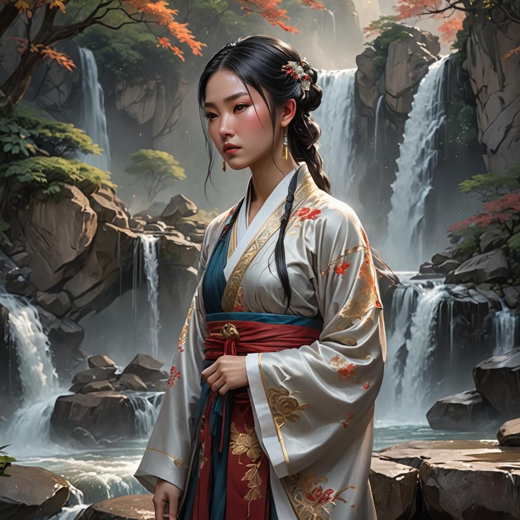 Chinese Girl in Hanfu Near Waterfall