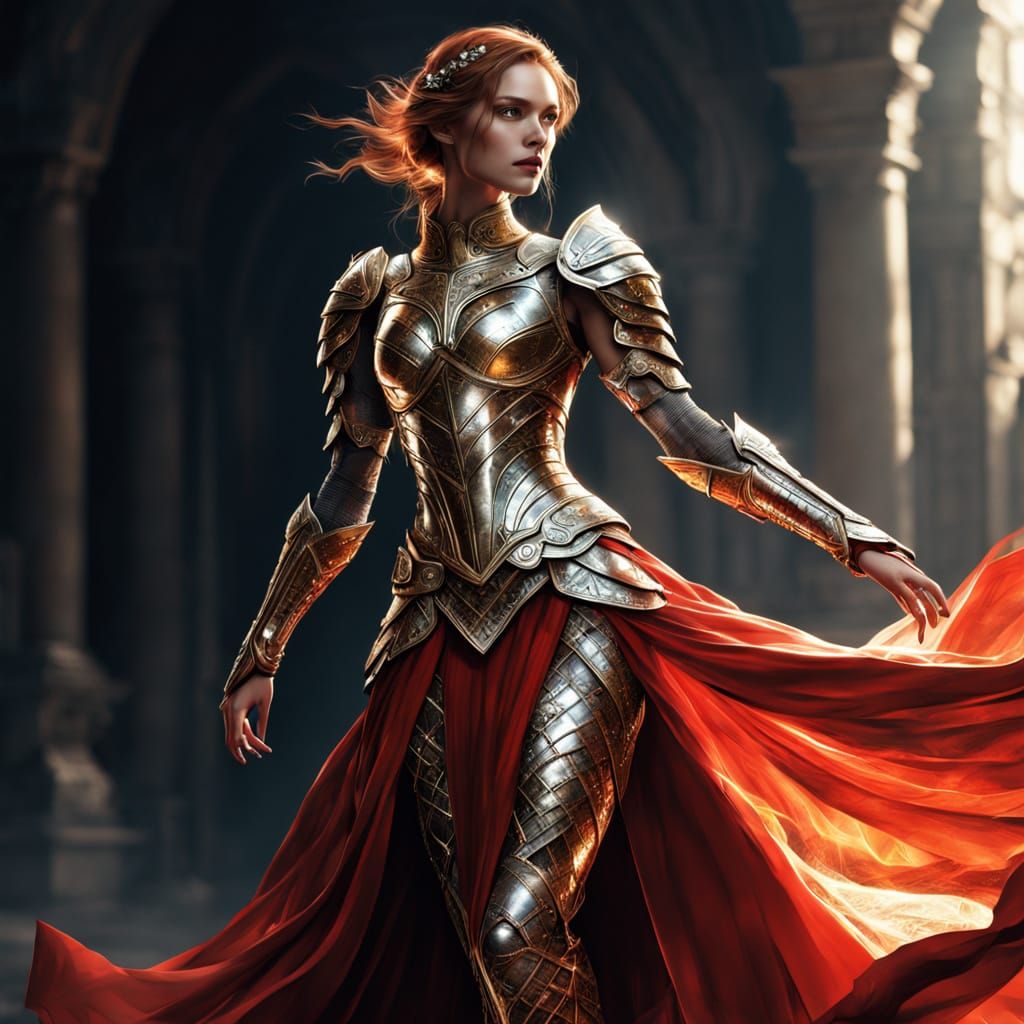 Surreal Goddess in Golden Armor, Waving Skirt and Ethereal S...