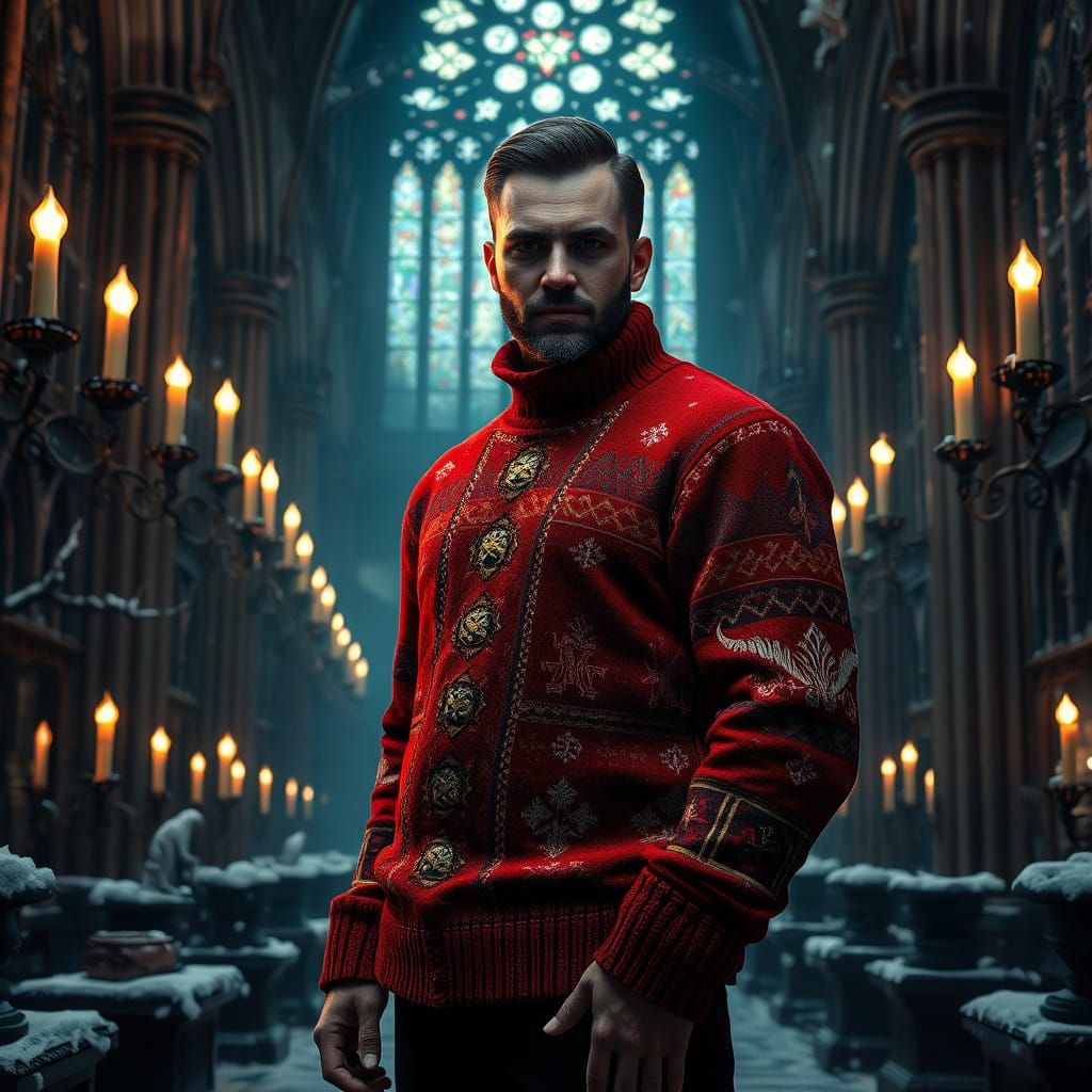 Gothic Gentleman in Crimson Christmas Sweater