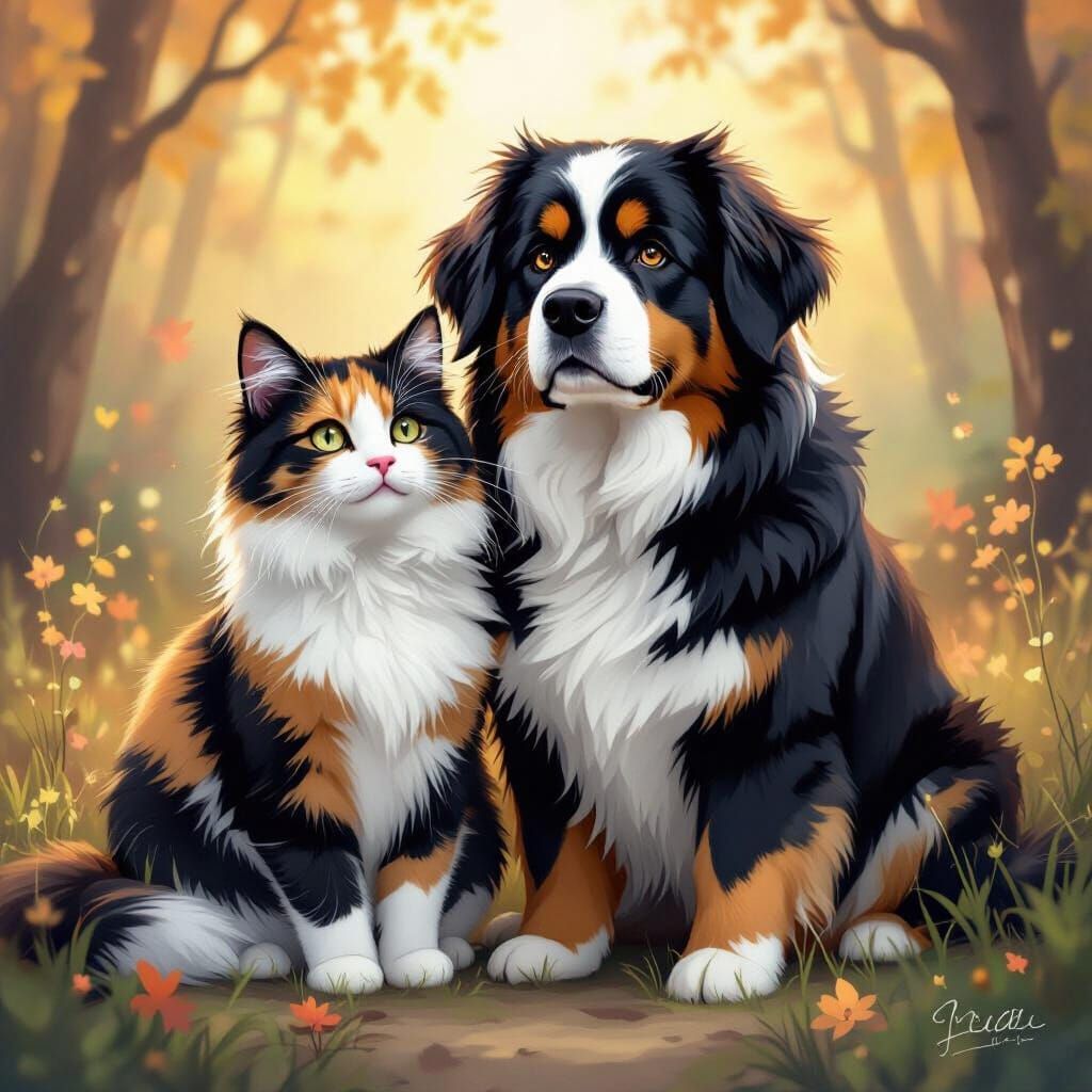 Calico Cat Newfoundland Hybrid in Whimsical Forest