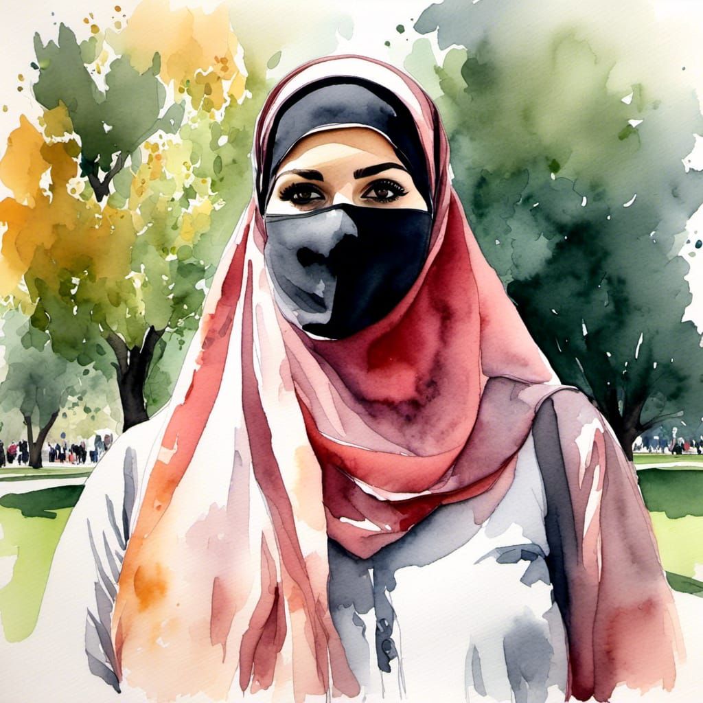 Watercolor Portrait of Niqabi Woman in Park
