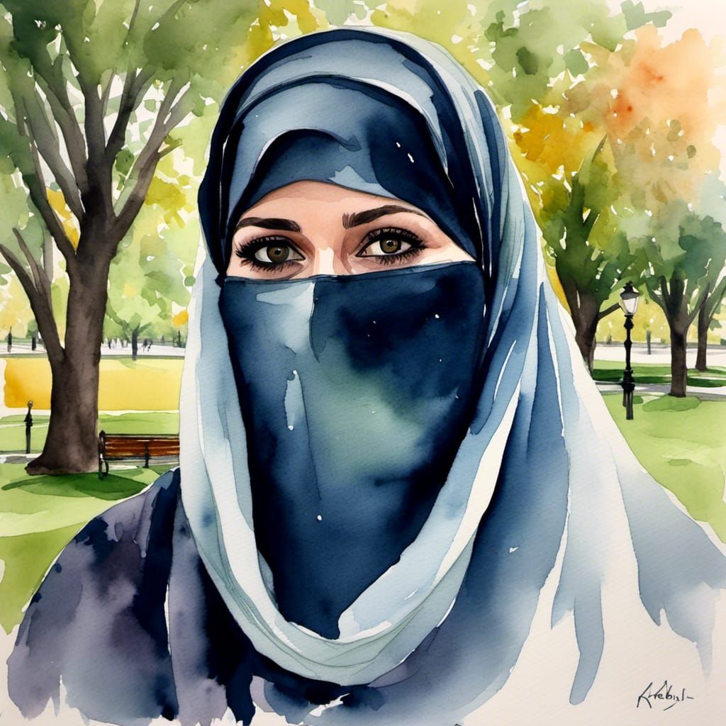 European Woman in Niqab, Watercolor Portrait