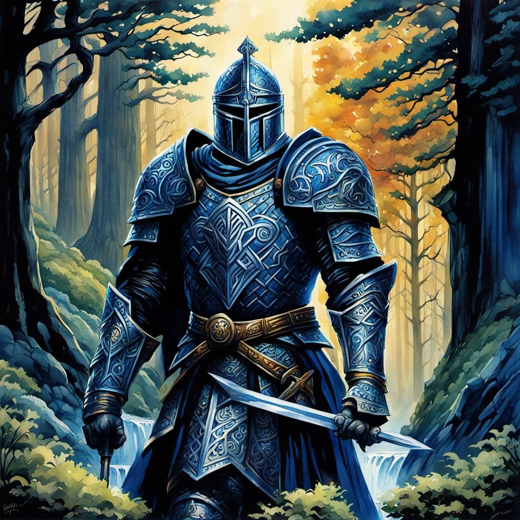 Majestic Knight in Ornate Armor Watercolor Painting