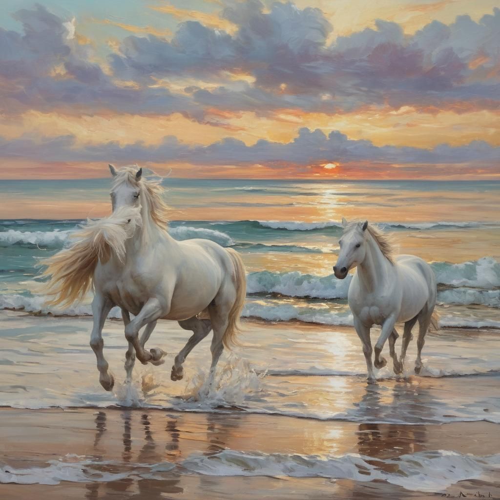 Vibrant White Horses in a Dreamy Beach Scene