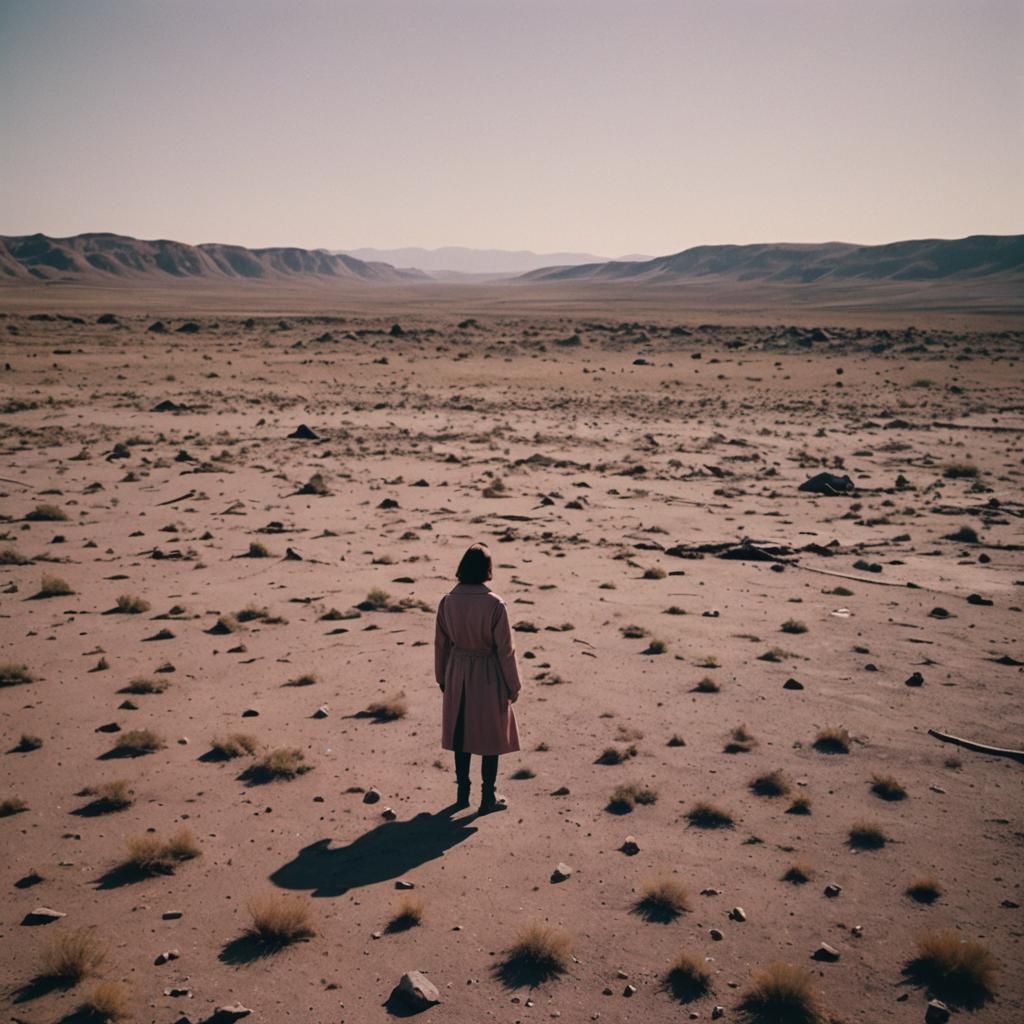 Cinematic Figure in Abandoned Landscape with Pink Light