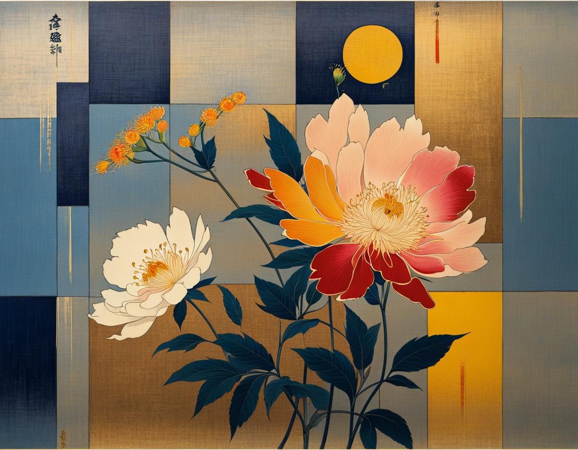 Rainbow Peonies in Moku Hanga Style