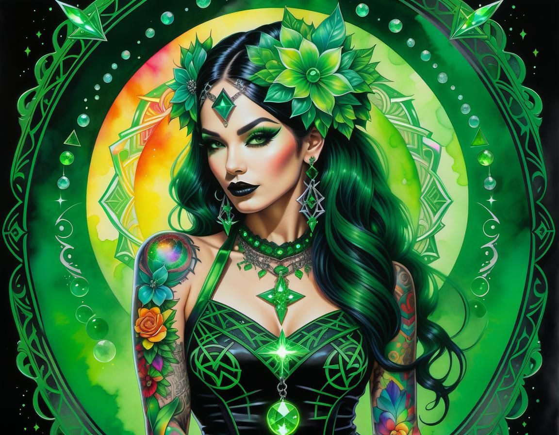 Green Energy Watercolor with Gothic Pinup and Runes