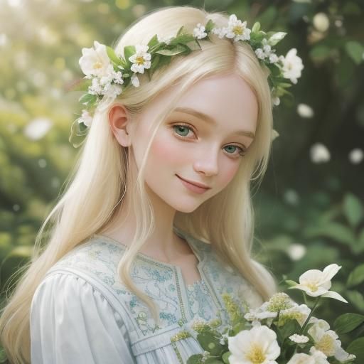 Charming Gouache Portrait of Girl in Lush Garden