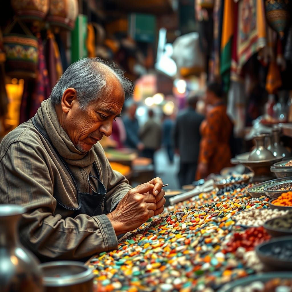 In a marketplace of Marrakech, a skilled artisan, with nimble fingers and a focused gaze, meticulously crafts a intricat...