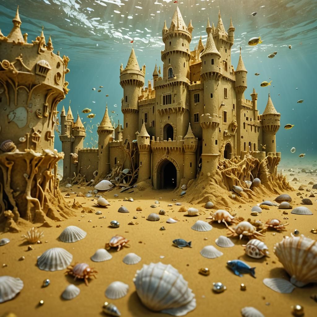 Surreal Sand Castle with Marine Life