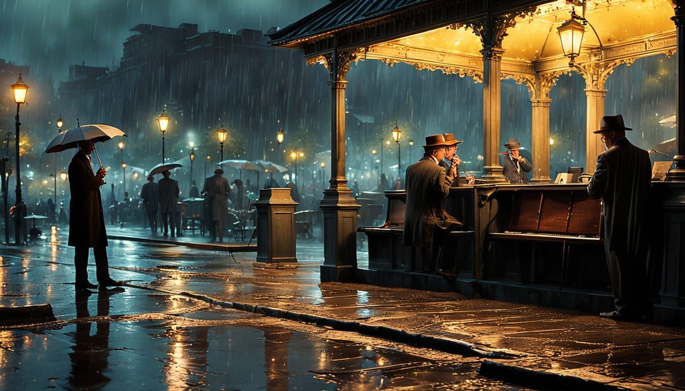 Moody Jazz Night in a Rainy Park Scene