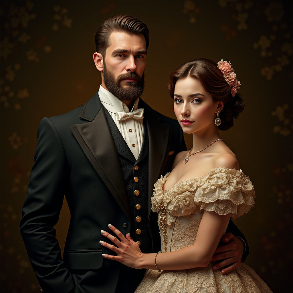 Victorian Couple Portrait in Opulent Attire