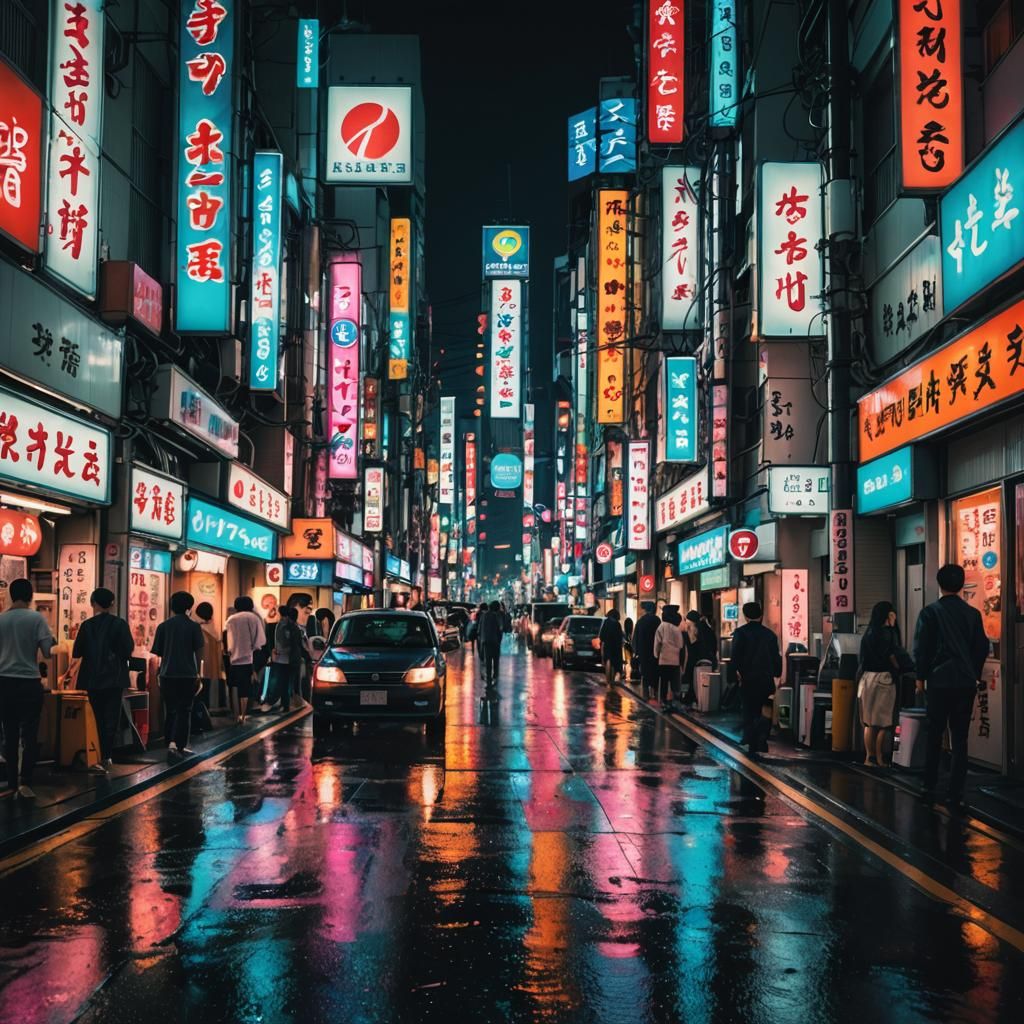 Tokyo Street at Night: Neon Reflections