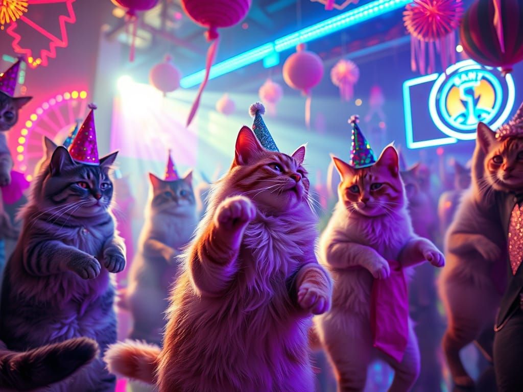 Cats' Futuristic Neon Nightclub Rave, Digital Art