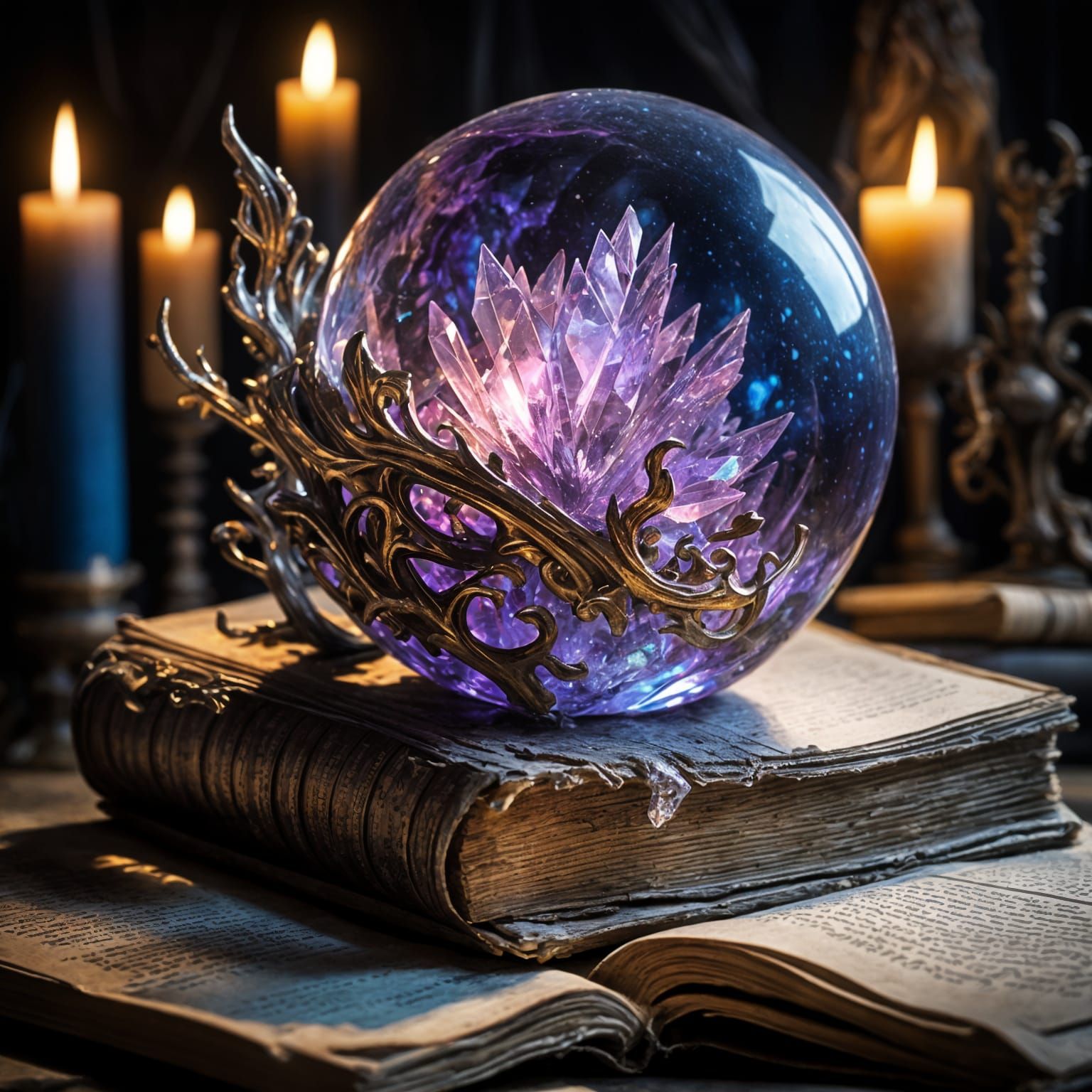 Glowing Crystal Orb on Weathered Book