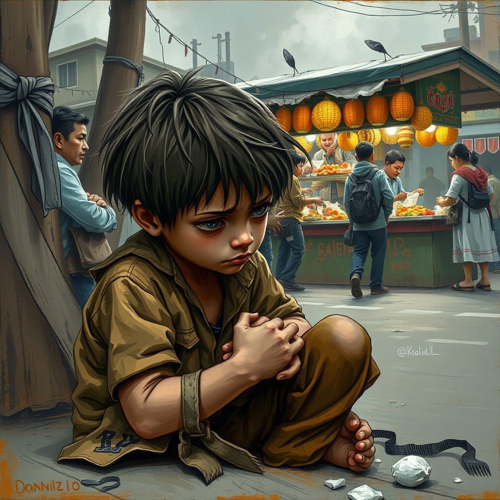 Sorrowful Young Boy Sits on Roadside, Haunted by Hunger