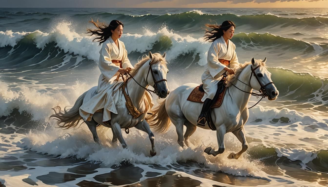 Oriental Woman Rides Horse Through Ocean Waves
