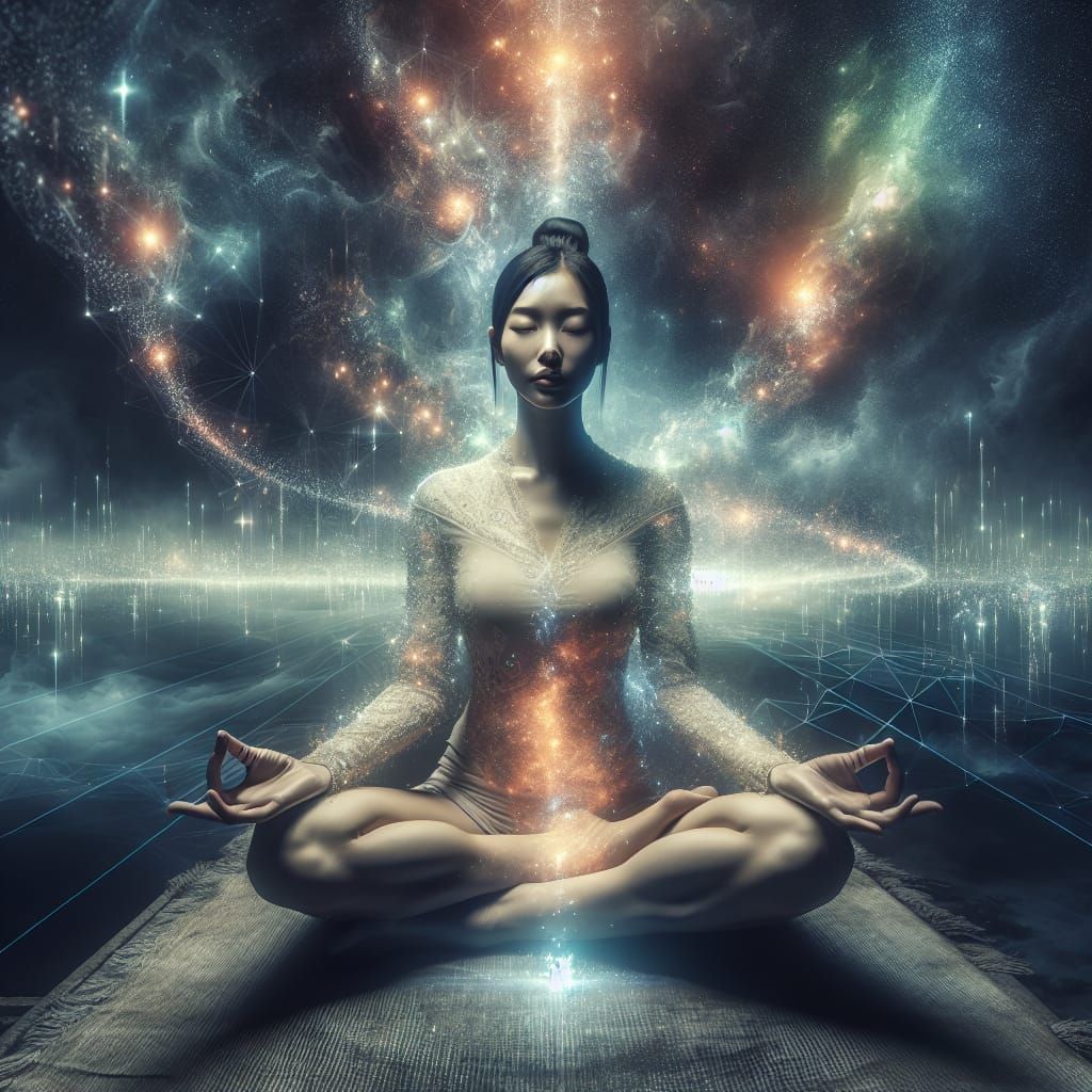 Meditating Woman Surrounded by Universal Energies