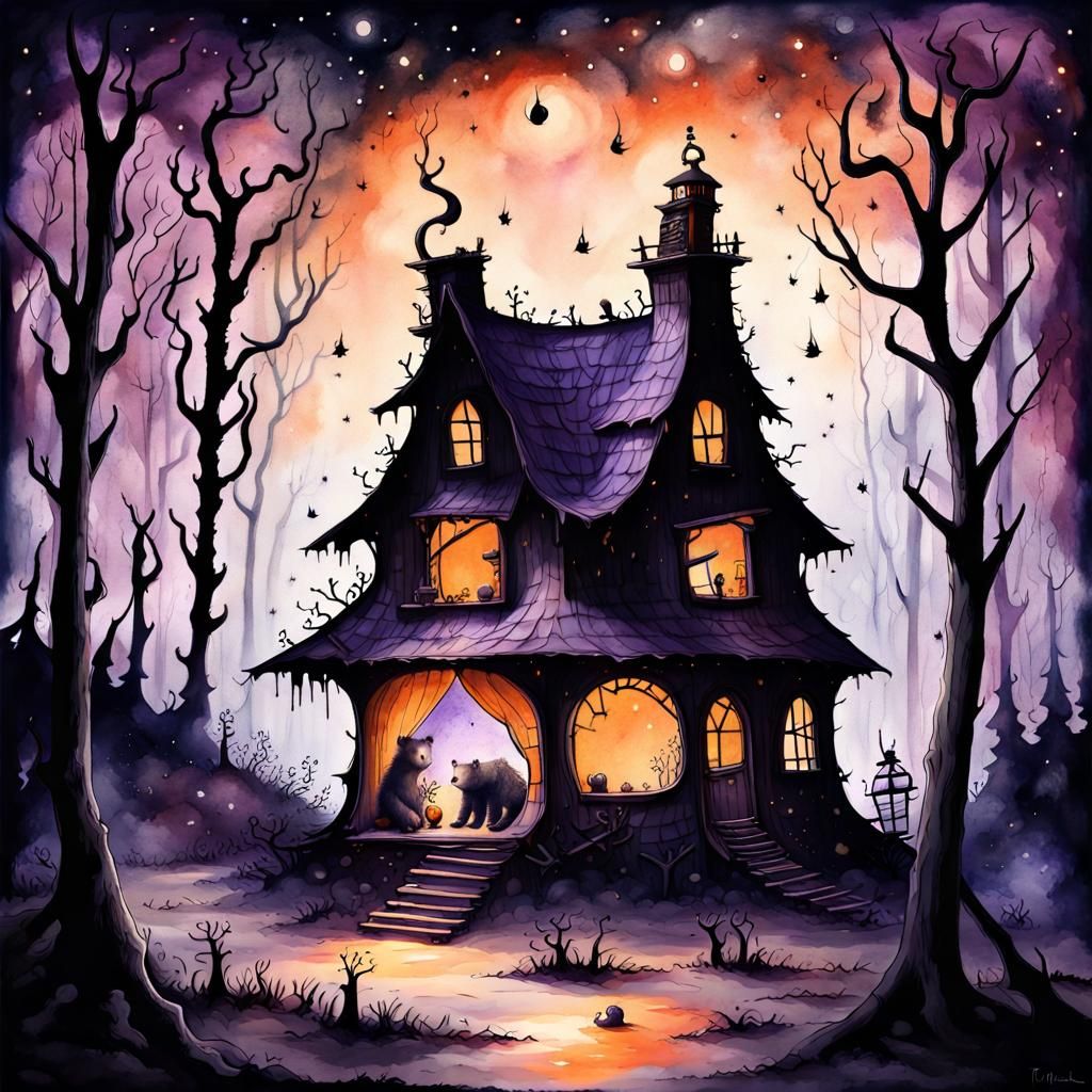 Spooky Forest Cottage Under Cosmic Stars as Watercolor