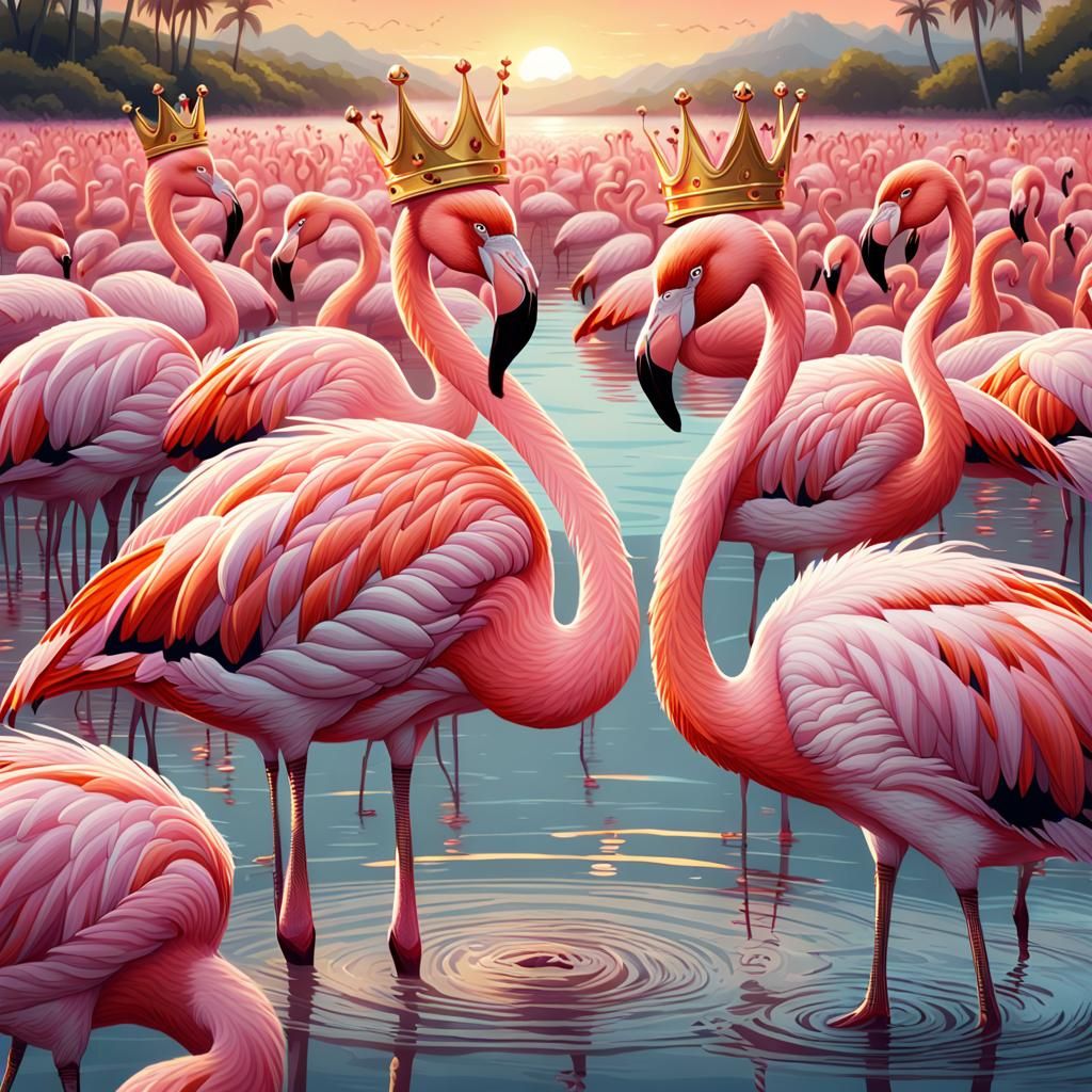 Flock of flamingos wearing gold
Crowns