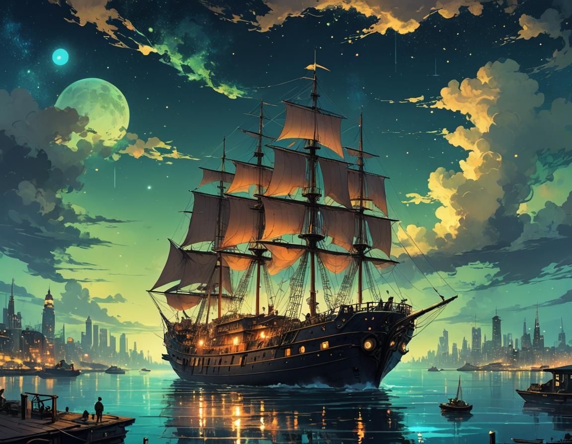 Bioluminescent Steampunk Seascape in Anime Style