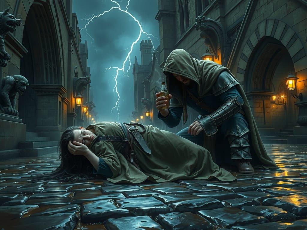 Dark Fantasy Traveler Collapses in Gothic City Storm