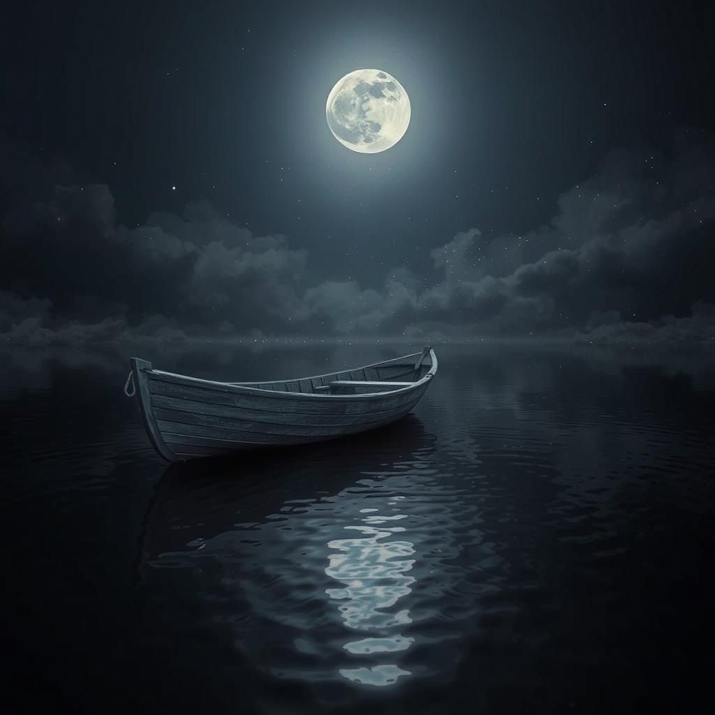 Rowboat on Glassy River Under Moonlight