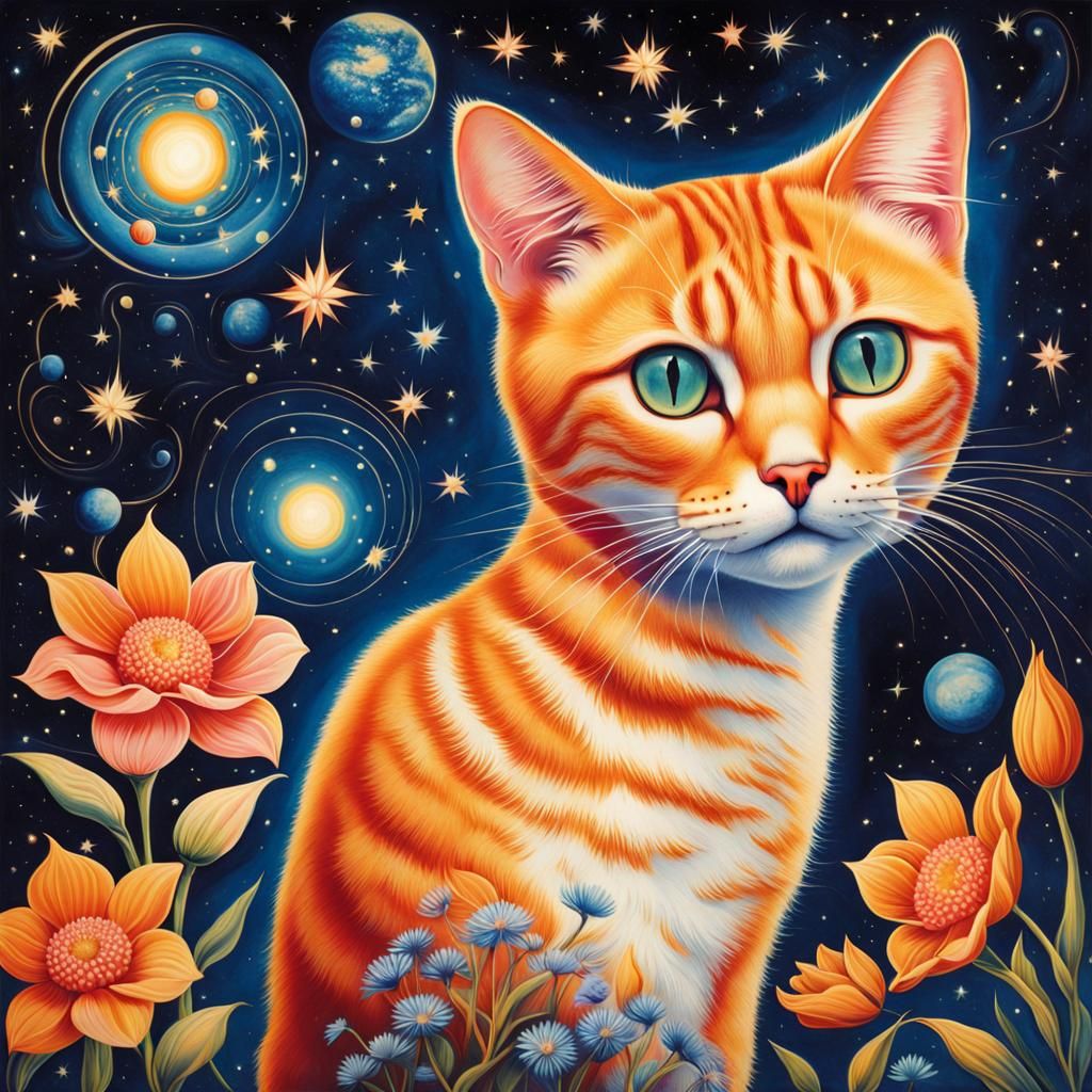 Psychedelic Cat with Starry Floral Sky