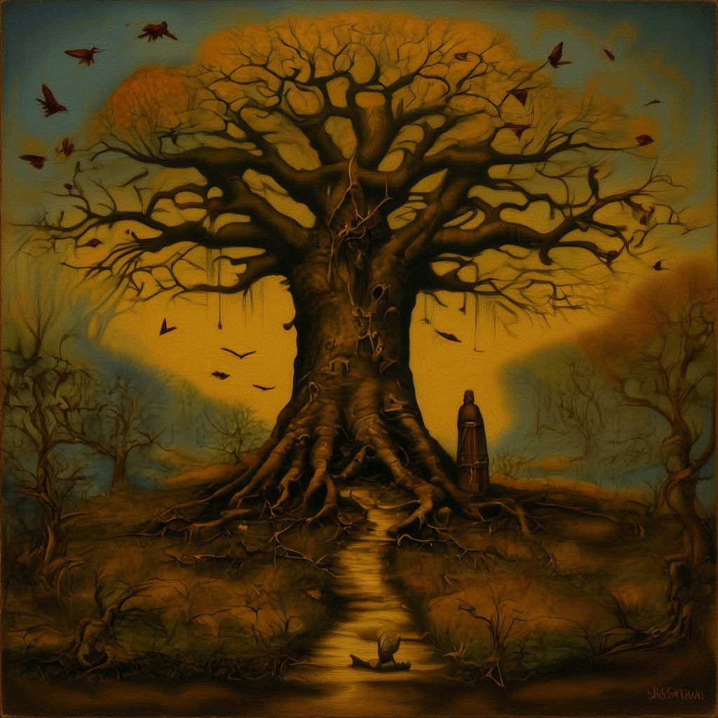 Surreal Nightmare Doll in Foggy Landscape